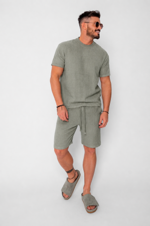 Seturi de Vara - Set Tricotat Tricou si Pantaloni scurti Dark Olive