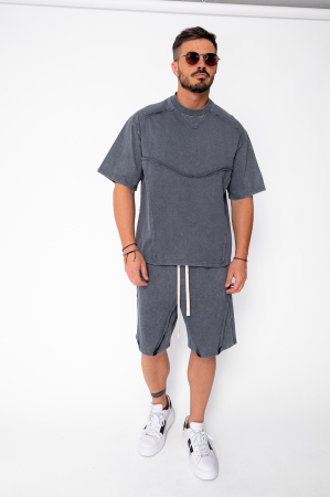 NOUTATI - Set tricou si pantalon scurt cu cusaturi exterioare Grey Anthracite Prespalat