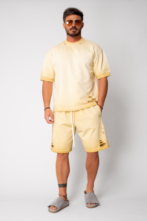Light Yellow distressed t-shirt and shorts set [1]