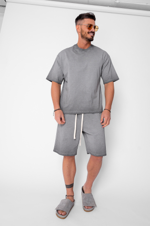 BARBATI - Set tricou si pantalon scurt cu efect prespalat Grey