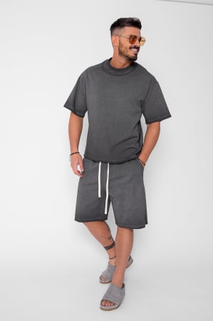 BARBATI - Set tricou si pantalon scurt cu efect prespalat Grey Anthracite
