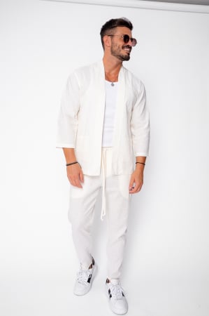 Promotii Barbati - Set Tulum Jachetă tip kimono cu buzunare si pantalon lung Off White