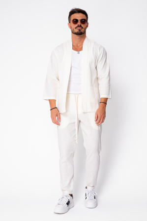 Set Tulum Jachetă tip kimono cu buzunare si pantalon lung Off White [1]