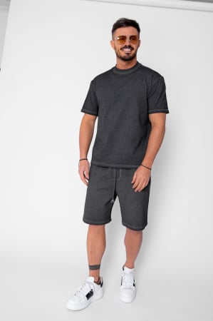 BARBATI - Set Urban tricou si pantalon scurt cu efect prespalat Black