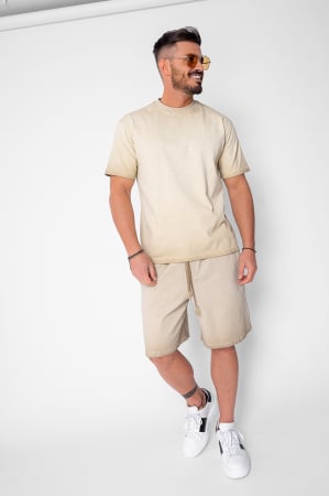 BARBATI - Set Urban tricou si pantalon scurt cu efect prespalat Light Beige