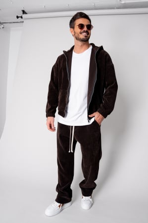 NOUTATI - Set Velvet Hanorac cu fermoar si pantalon lung Dark Brown