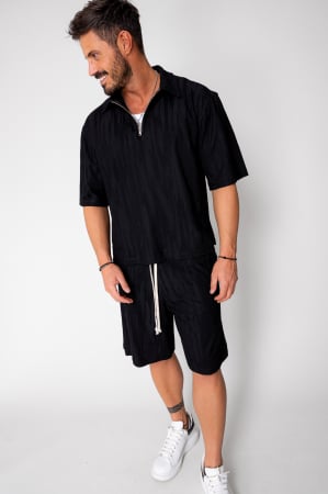 Seturi de Vara - Set Velvet tricou cu fermoar si pantalon scurt Black