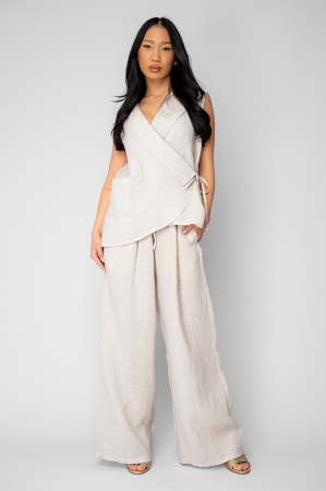 FEMEI - Set Vesta si Pantalon lung din 100% in Beige