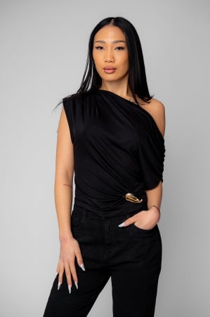 Top asimetric cu umerii goi si detaliu auriu Black [0]