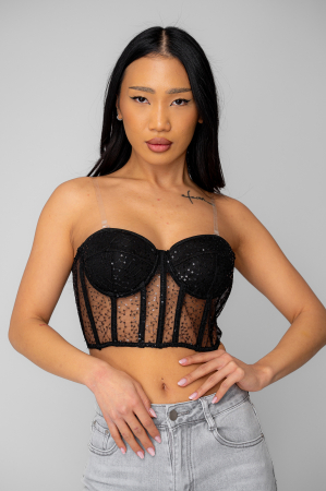FEMEI - Top stil corset cu paiete Black