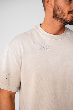 Tricou Oversized Ripped Prespalat Beige [3]