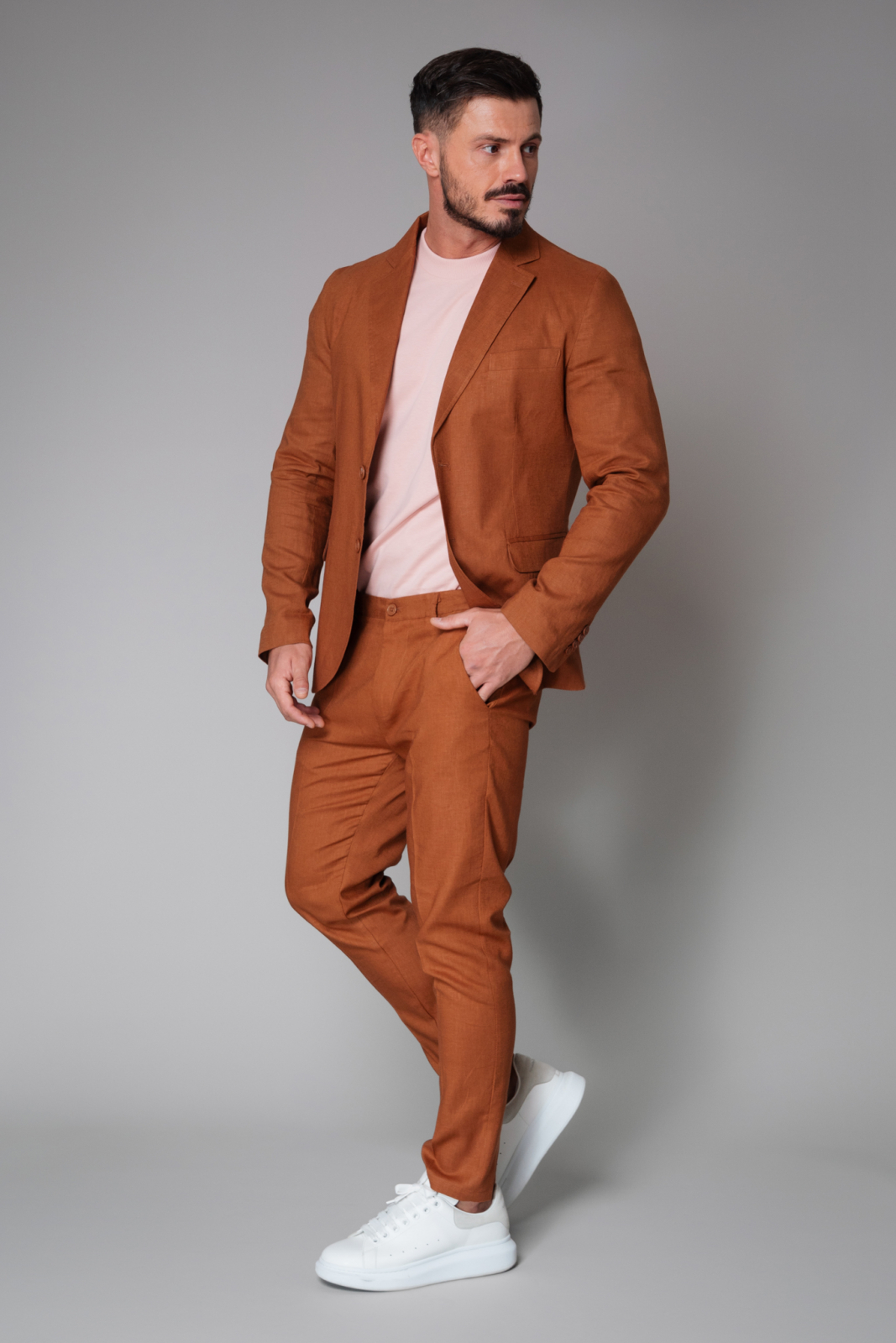 Brown Linen jacket with beige linen pants and shirt