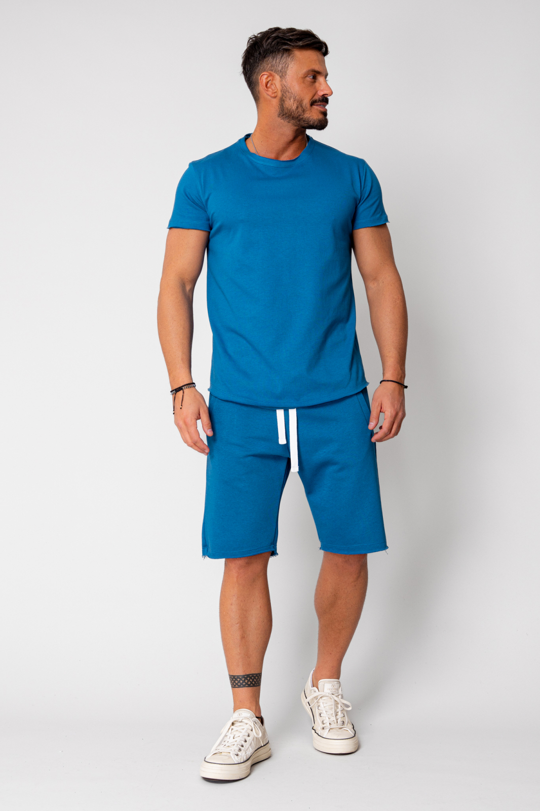 Set T-shirt Man Asymetric with short pants Peacock Blue