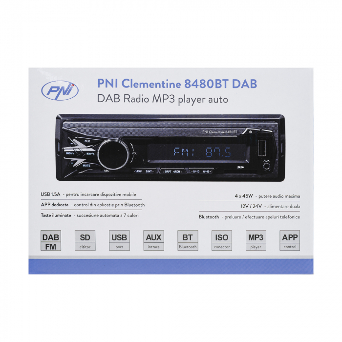 Radio Mp3 Player Auto Dab Si Rds Pni Clementine 8480Bt 4X45W, 12/24V, Cu Sd, Usb, Aux, Rca, Bluetooth Si Usb 1.5A [10]
