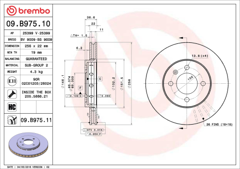 Piese auto - Disc frana BREMBO 09.B975.11