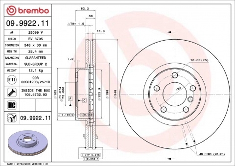 Piese auto - Disc frana BREMBO 09.9922.11