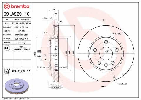 Piese auto - Disc frana BREMBO 09.A969.11