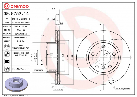 Piese auto - Disc frana BREMBO 09.9752.11