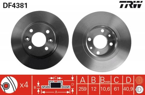Piese auto - Disc frana neventilat fata 259x12 log./sand. TRW DF4381