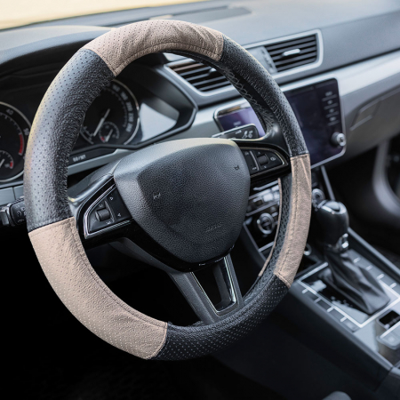 ACCESORII AUTO INTERIOR - Husa Volan Piele Naturala Perforata Bej 37-39 Cm Mega Drive
