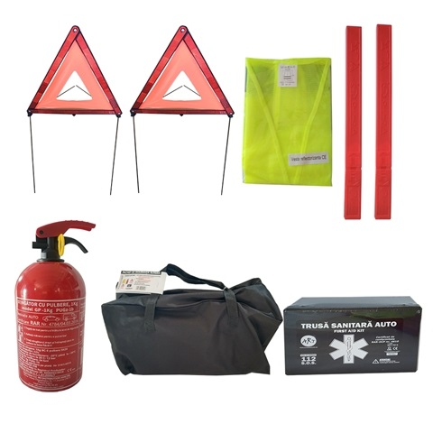 SIGURANTA AUTO - Kit siguranta auto AD AutoTotal, stingator P1 GP, 1 kg pulbere, trusa medicala, 2 x triunghiuri reflectorizante, vesta reflectorizanta, geanta depozitare
