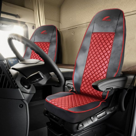 HUSE AUTO - Set Huse Scaun Truck Umbrella Pentru Scania Seria R 2006-2020 Piele Ecologica Neagra+Rosu