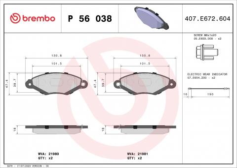 Piese auto - Placute frana BREMBO P56038