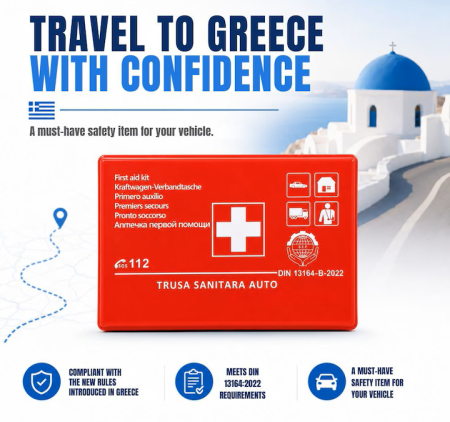 Huse Parbriz - Trusa Medicala Auto pentru Vacanta in Grecia, Omologata RAR, Conform Standardului European DIN13164-B:2022, Cutie Rigida Rosie, Valabilitate de 5 Ani, Echipament Obligatoriu, Potrivita pentru Calatori