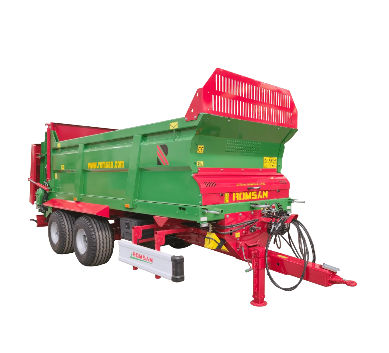 Remorci - Remorcă de împrăștiat gunoi 8 t – tandem, benă 7 m³, hidraulică și PTO