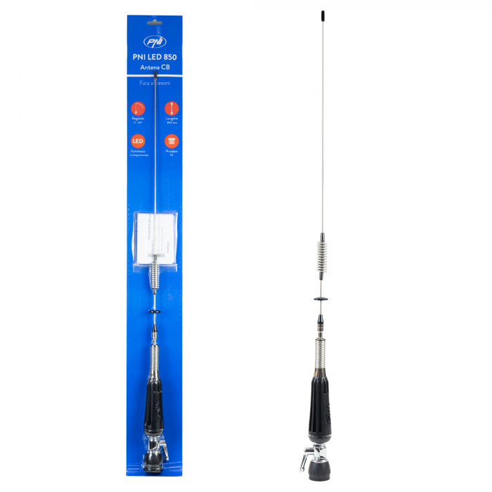 Antena CB PNI LED 850 rabatabila, 85 cm, 26-28 MHz, 300 Watt, ilumineaza in timpul emisiei, tip filet PL, fara accesorii [8]