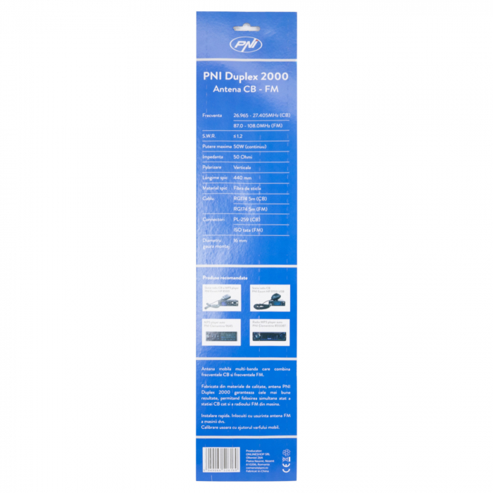 Antena CB PNI Duplex 2000 CB-FM, 26-28MHz (CB), 87-108MHz (FM), cablu CB si cablu FM 5 metri, fibra de sticla, lungime 490 mm [6]