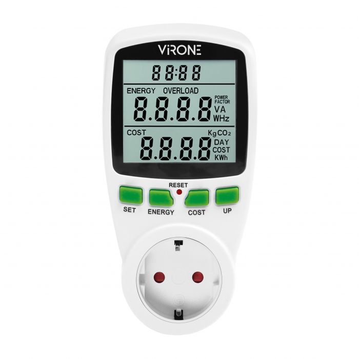 Calculator de energie cu afisaj LCD VIRONE EM-4(GS), 3680W, 16A, schuko, baterie incorporata, tarif unic, alb [1]