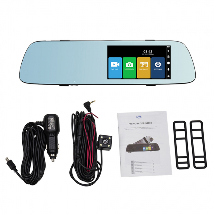 Camera auto DVR PNI Voyager S2000 Full HD, unghi de filmare 170°, senzor G, incorporata in oglinda retrovizoare, touchscreen IPS si camera de mers inapoi 120 grade VGA, mod noapte, mod parcare [4]