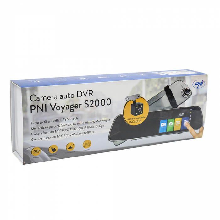Camera auto DVR PNI Voyager S2000 Full HD, unghi de filmare 170°, senzor G, incorporata in oglinda retrovizoare, touchscreen IPS si camera de mers inapoi 120 grade VGA, mod noapte, mod parcare [5]
