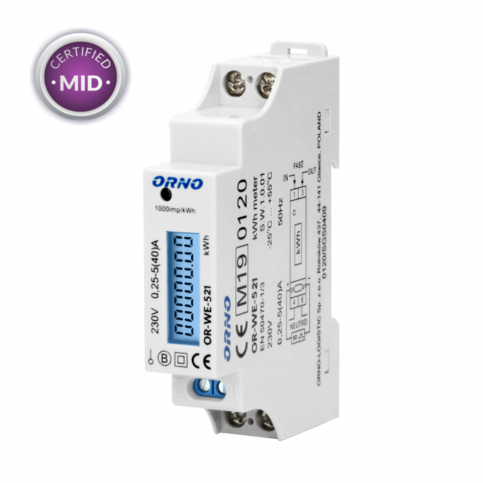 RESIGILAT Contor monofazic ORNO OR-WE-521, 40A, certificare MID, 230V, clasa de masurare B, frecventa de impuls 1000 imp/kWh, IP51, alb [1]