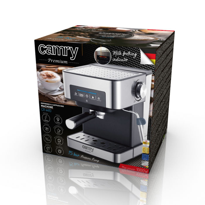 Espressor semiautomat Camry CR 4410, 1000 W, 15 bari, 1.6 L, 3 programe, argintiu/negru [9]