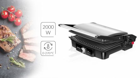 RESIGILAT Grill electric MPM MGR-09M, 2000W, temperatura reglabila 0-270° C, deschidere 180°, inaltime reglabila a placii superioare, doua moduri de grill, carcasa otel inoxidabil [5]