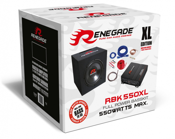 Pachet bass auto Renegade RXV1000, 250 W RMS + Amplificator auto Renegade RXA550, 2 canale, 270W RMS + Kit cablu amplificator [2]