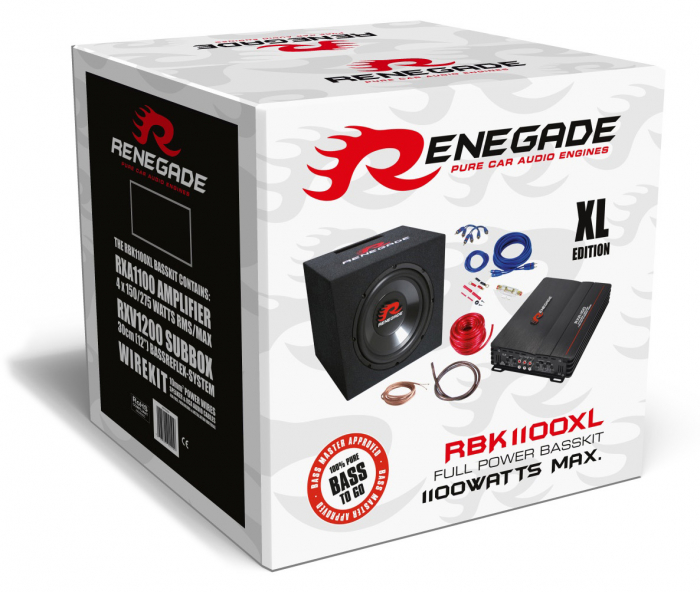 Pachet bass auto Renegade RXV1200, 30 cm, 300 W RMS + Amplificator auto Renegade RXA1100, 4 canale, 540W RMS + Kit cablu amplificator [2]