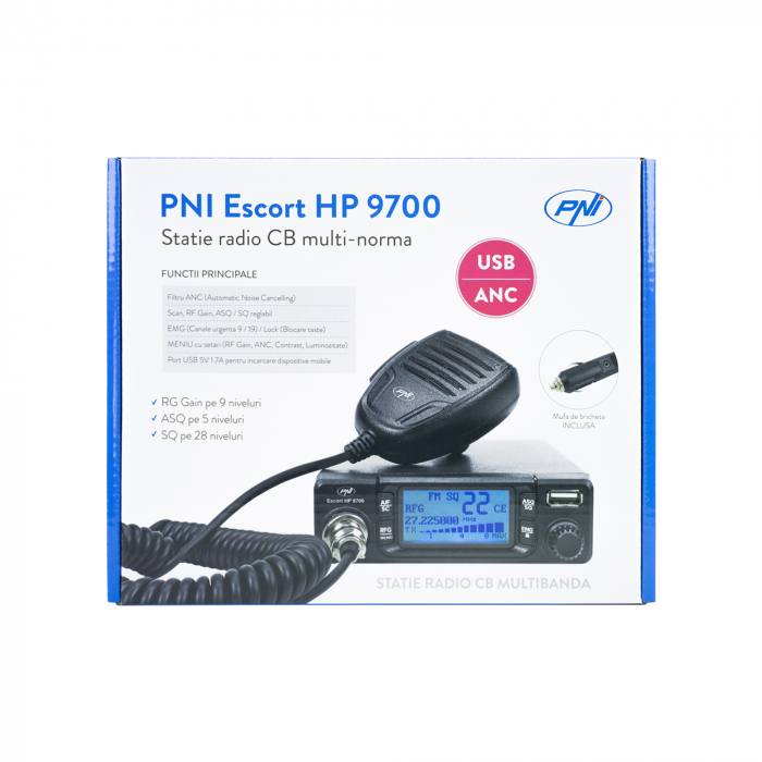 Pachet statie radio CB PNI Escort HP 9700 USB, ANC, ASQ, 12V / 24V, mufa de bricheta inclusa + Antena CB PNI ML70 lungime 70cm + Baza magnetica [10]
