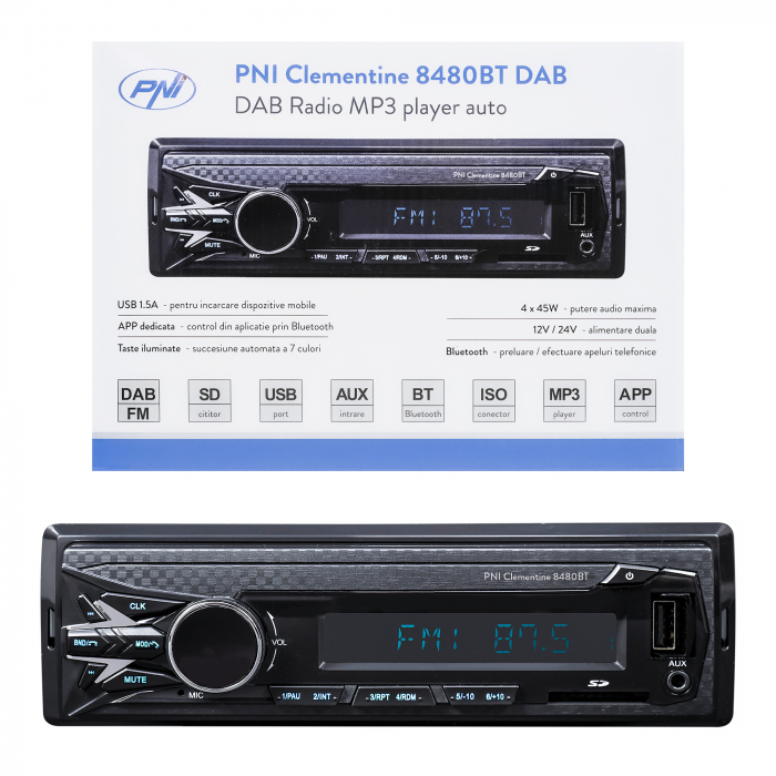 Player auto PNI Clementine 8480BT, DAB si RDS radio MP3 player auto  4x45w, 12/24V, 1 DIN, cu SD, USB, AUX, RCA, Bluetooth si USB 1.5A pentru incarcare telefon [9]