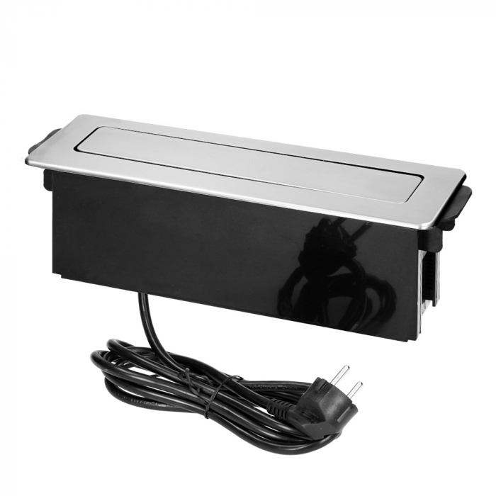 RESIGILAT Priza pentru mobilier ORNO OR-GM-9014(GS)/B-G, incastrabila, panou culisant, 3 prize Schuko, 2 x USB Quick Charge 3.0, 3680 W, lungime cablu 2 m, negru/gri [3]