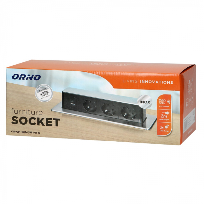 RESIGILAT Priza pentru mobilier ORNO OR-GM-9014(GS)/B-G, incastrabila, panou culisant, 3 prize Schuko, 2 x USB Quick Charge 3.0, 3680 W, lungime cablu 2 m, negru/gri [4]