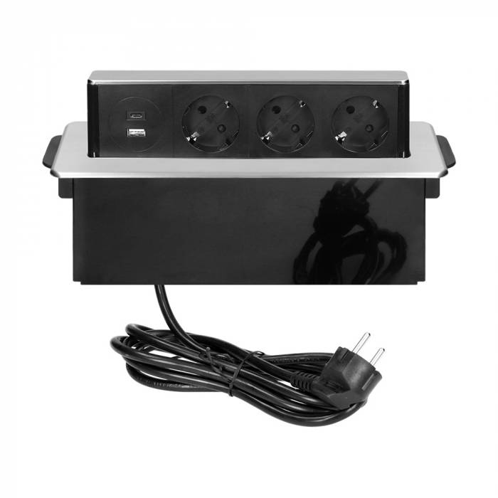 RESIGILAT Priza pentru mobilier ORNO OR-GM-9014(GS)/B-G, incastrabila, panou culisant, 3 prize Schuko, 2 x USB Quick Charge 3.0, 3680 W, lungime cablu 2 m, negru/gri [2]