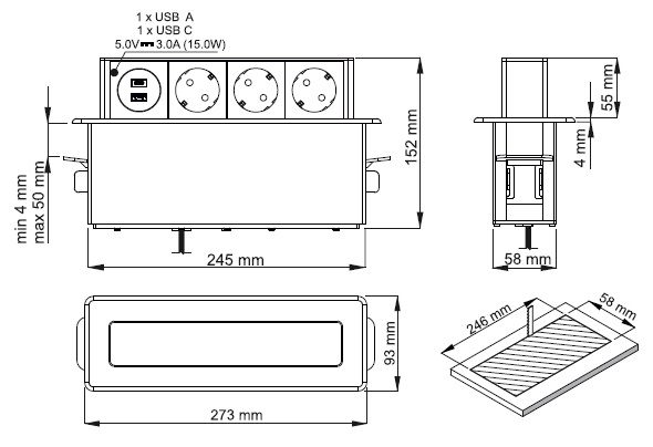 RESIGILAT Priza pentru mobilier ORNO OR-GM-9014(GS)/B-G, incastrabila, panou culisant, 3 prize Schuko, 2 x USB Quick Charge 3.0, 3680 W, lungime cablu 2 m, negru/gri [5]