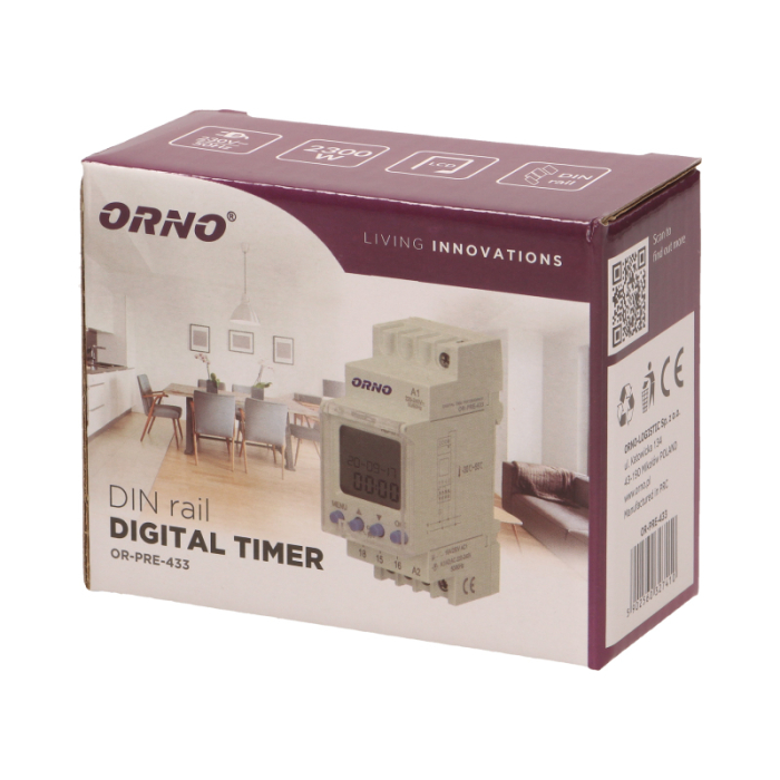 RESIGILAT Programator digital ORNO OR-PRE-433, 2300W, 16A, 52 de programe, montaj pe sina DIN TH-35, IP20, alb [6]