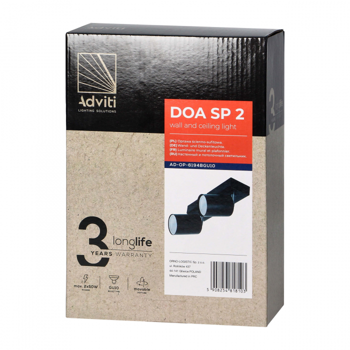 Bara spot ADVITI DOA SP2 AD-OP-6194BGU10, 2x50W, GU10, IP20, reglare directie lumina, instalare tavan/perete, negru [6]