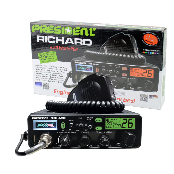 Statie radio CB President Richard ASC radioamatori 10 - 12 metri, AM/FM, functie Echo, squelch manual/digital, S-metru, SWR metru, USB [1]