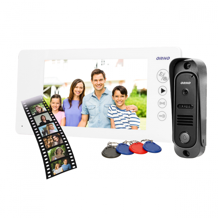 Videointerfon pentru o familie ARCUS ORNO OR-VID-JS-1053/W, color, monitor ultra-plat LCD 7", control automat al portilor, 9 sonerii, infrarosu, deschidere cu ajutorul etichetelor de proximitate, alb/ [1]