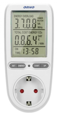 Aparate de masura si control - Calculator de energie cu afisaj LCD ORNO OR-WAT-435(GS), schuko, 3680W, IP20, 16A, 230V, alb